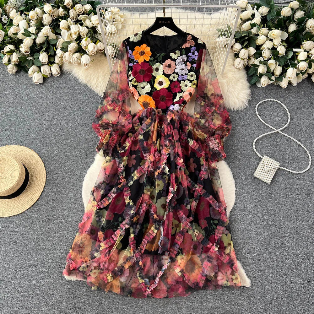 Floral Patterned Long-sleeve Layered Chiffon Dress Spring Midi Dresses 2025  on Luulla
