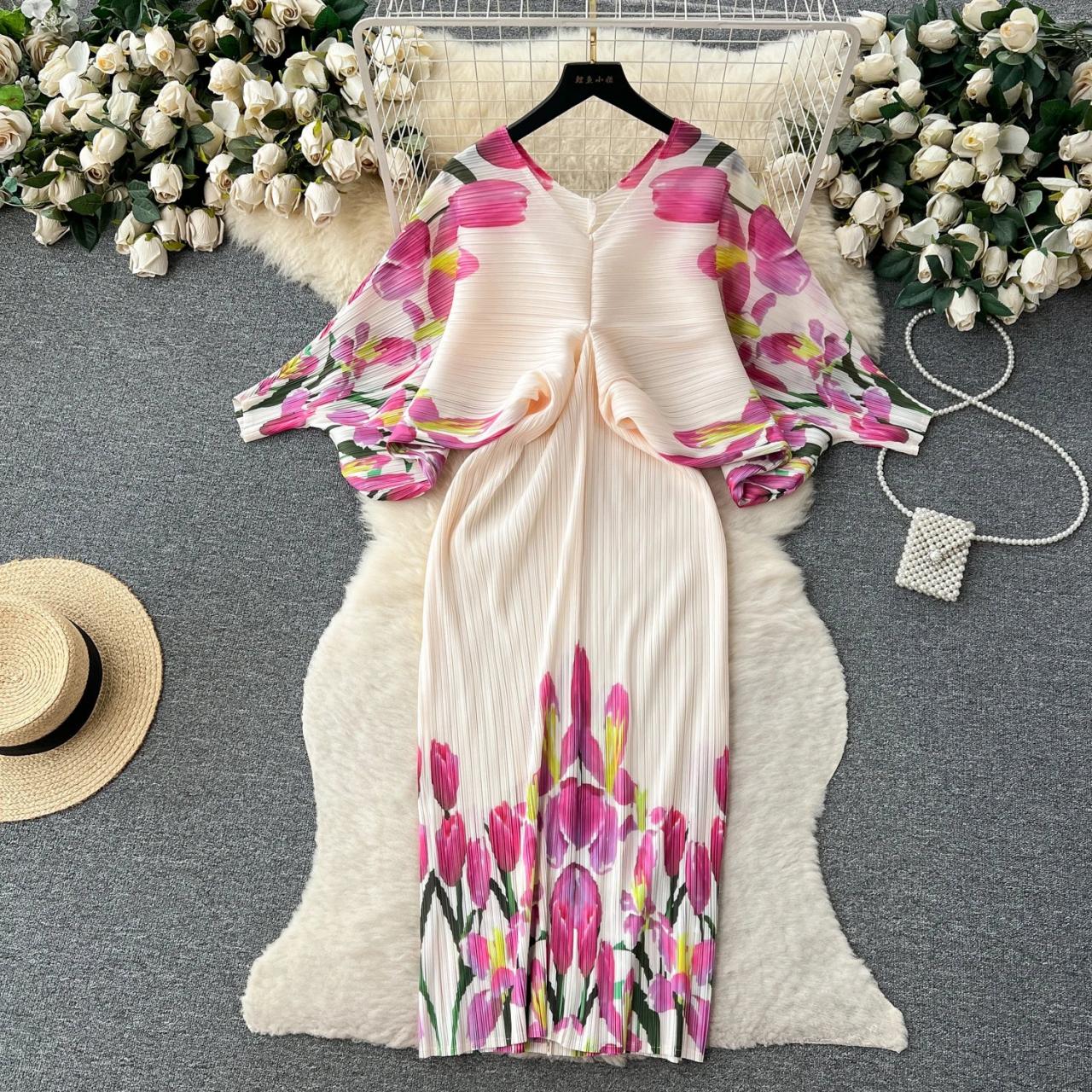Spring Midi Dresses 2025 Floral Long Dress With Vibrant Tulip Sleeves