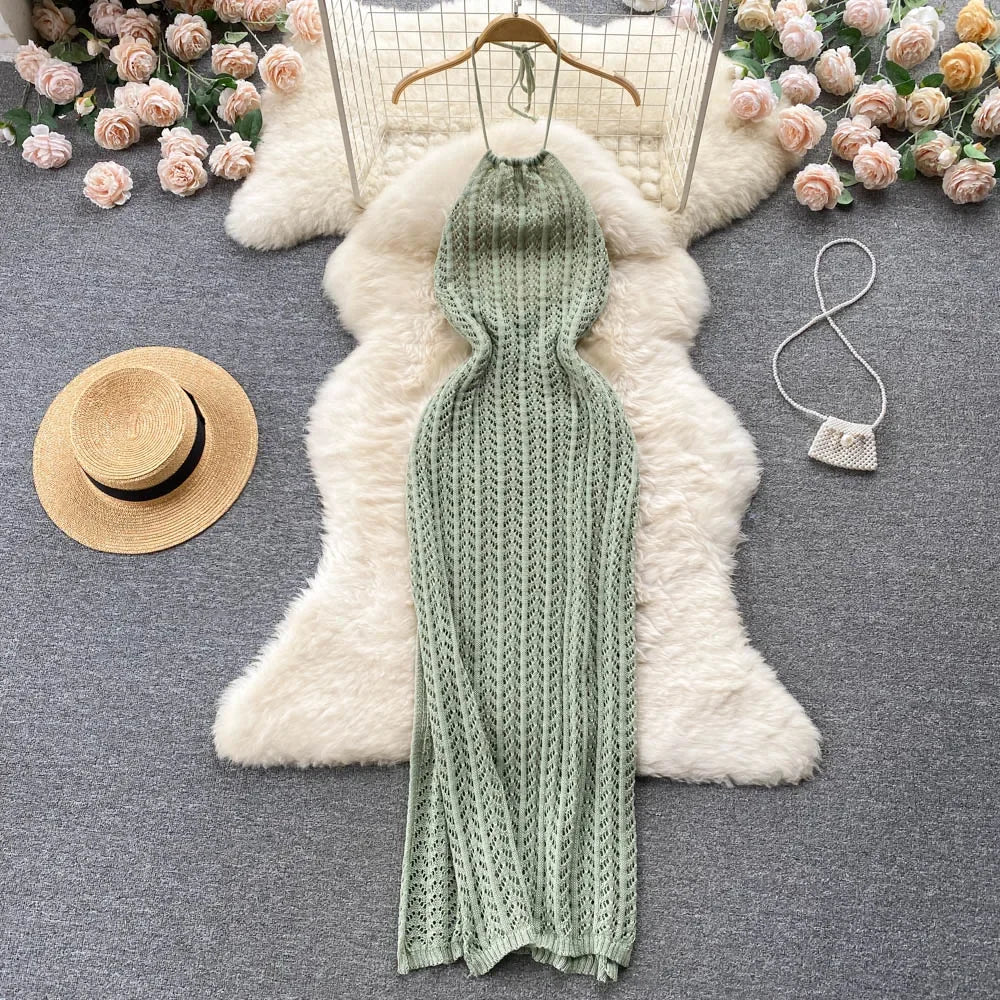 olive green formal dress plus size Vintage Knit Dress Sleeveless Halter Neck Style 146B89 JT main image 0