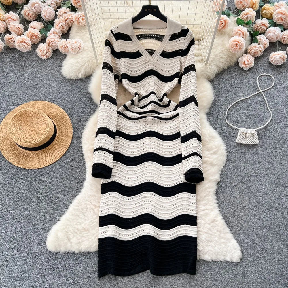 Spring Midi Dresses 2025 Black And White Striped Long Sleeve Dress