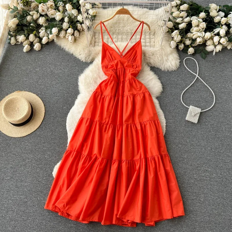 Spring Midi Dresses 2025 Strappy Red Maxi Dress with Tiered Skirt