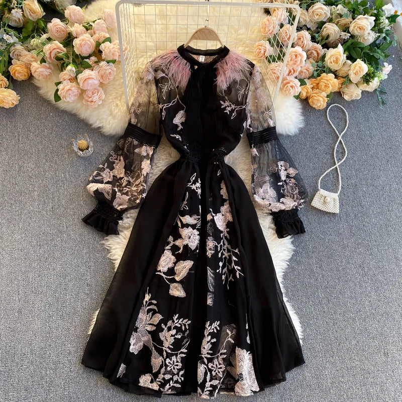 Spring Midi Dresses 2025 Floral Embroidered Sheer Sleeve Black Midi Dress