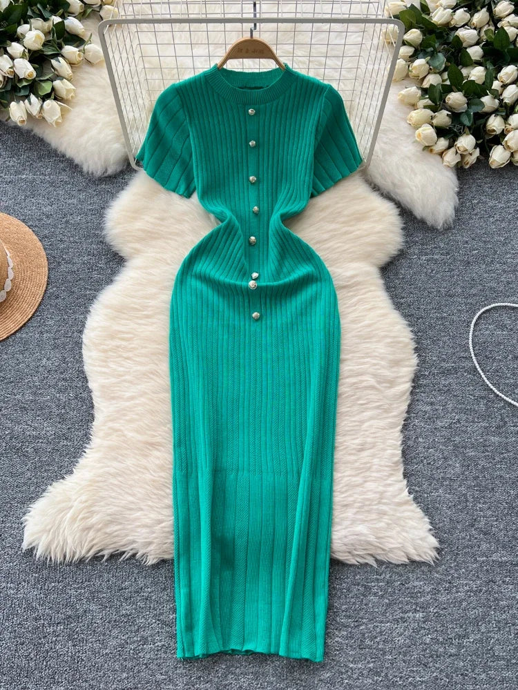 Spring Midi Dresses 2025 Aqua Ribbed Knit Dress With Button Detail