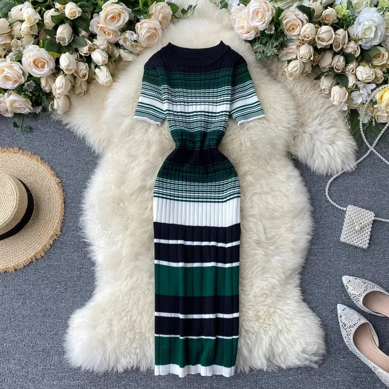 Fall Midi Dresses 2025 Striped Maxi Dress With Short Sleeves