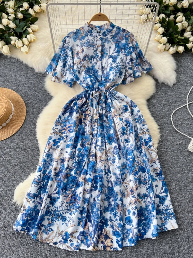 Spring Midi Dresses 2025 Floral Chiffon Dress with Belted Waist Design