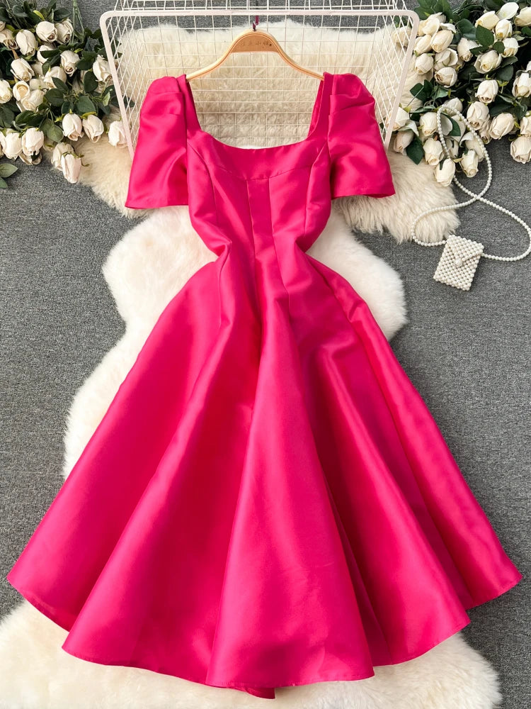 Spring Midi Dresses 2025 Vibrant Pink Satin Dress With Puff Sleeves on  Luulla