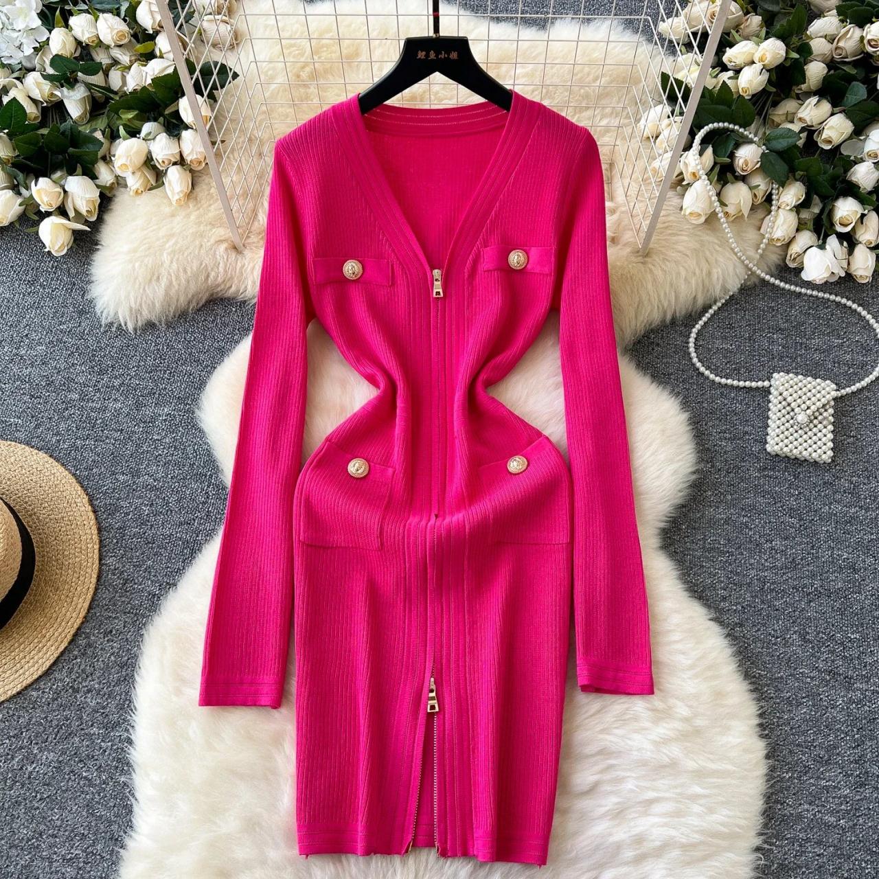 Spring Midi Dresses 2025 Vibrant Pink Zipper Dress with Gold Buttons