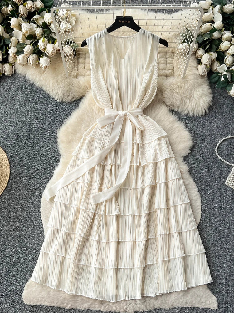 Spring Midi Dresses 2025 Sleeveless Pleated Layered Dress With Waist