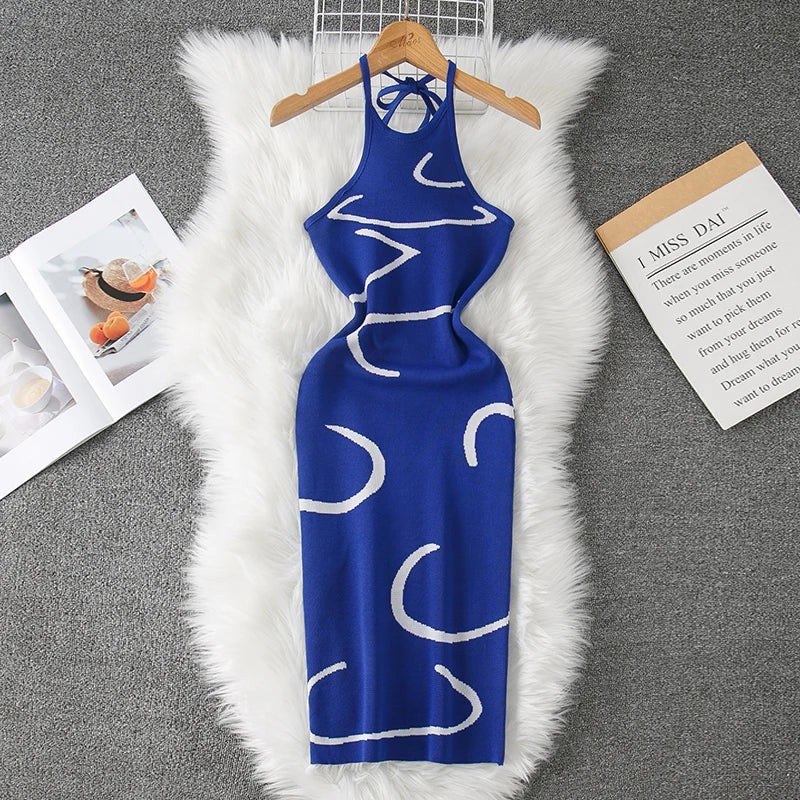 Spring Midi Dresses 2025 Halter Neck Blue Dress With Abstract Patterns