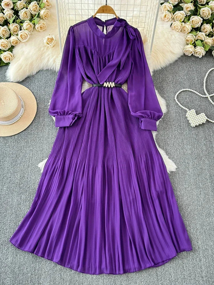 Long-sleeve Purple Pleated Chiffon Maxi Dresss Midi Dresses 2025 on Luulla