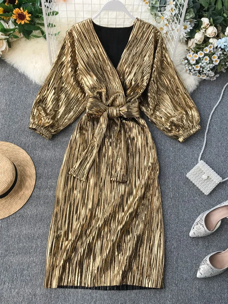 metallic gold long sleeve midi dress Long-Sleeve V-Neck Metallic Midi Dress