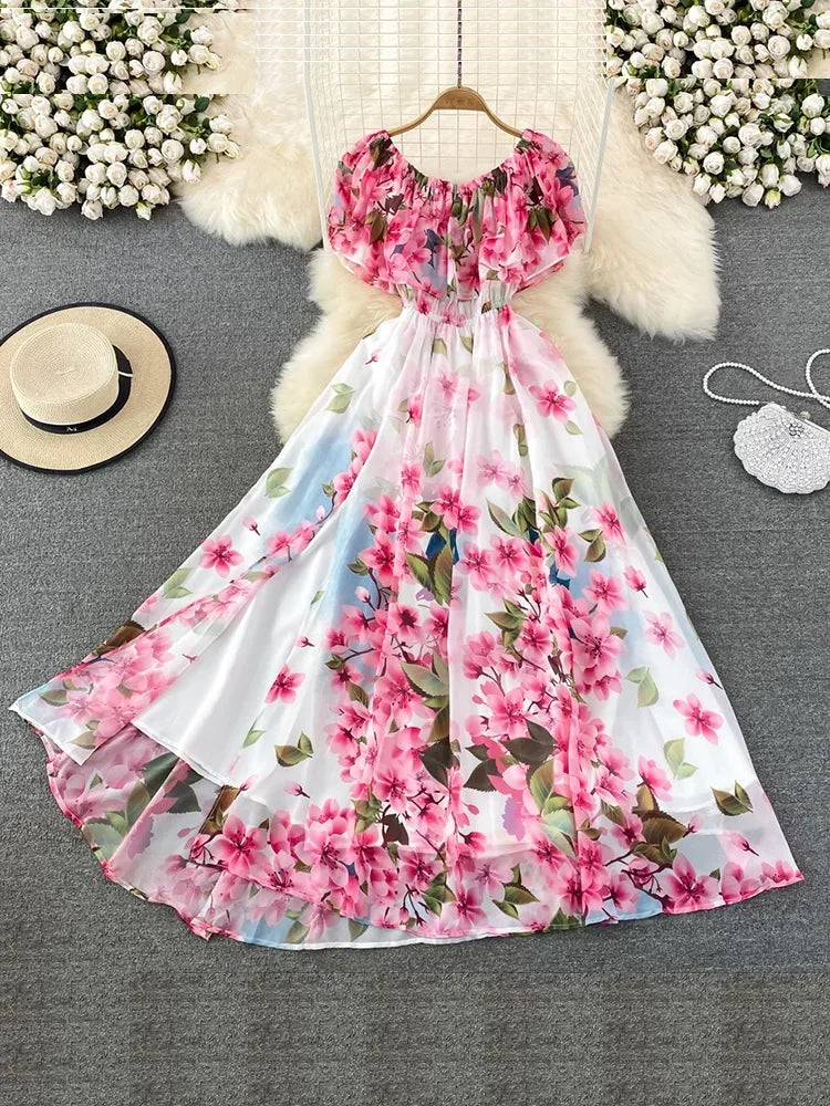 Floral Chiffon Maxi Dress With Off-shoulder Design Midi Dresses 2025