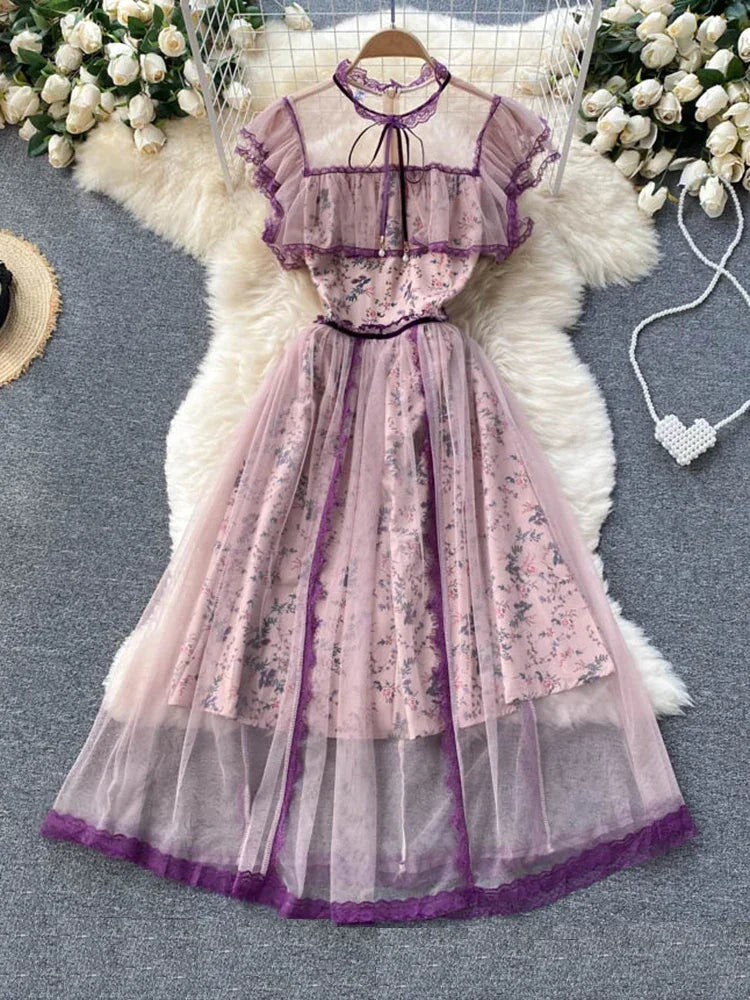 Vintage Floral Ruffle Dress With Sheer Overlay Midi Dresses 2025 on Luulla