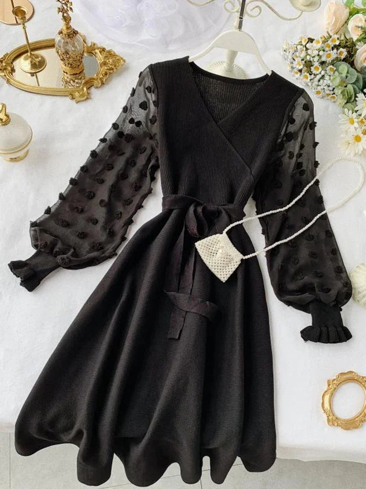 black dress with sheer polka dot sleeve 2025 Black Dress With Sheer Polka Dot Sleeves