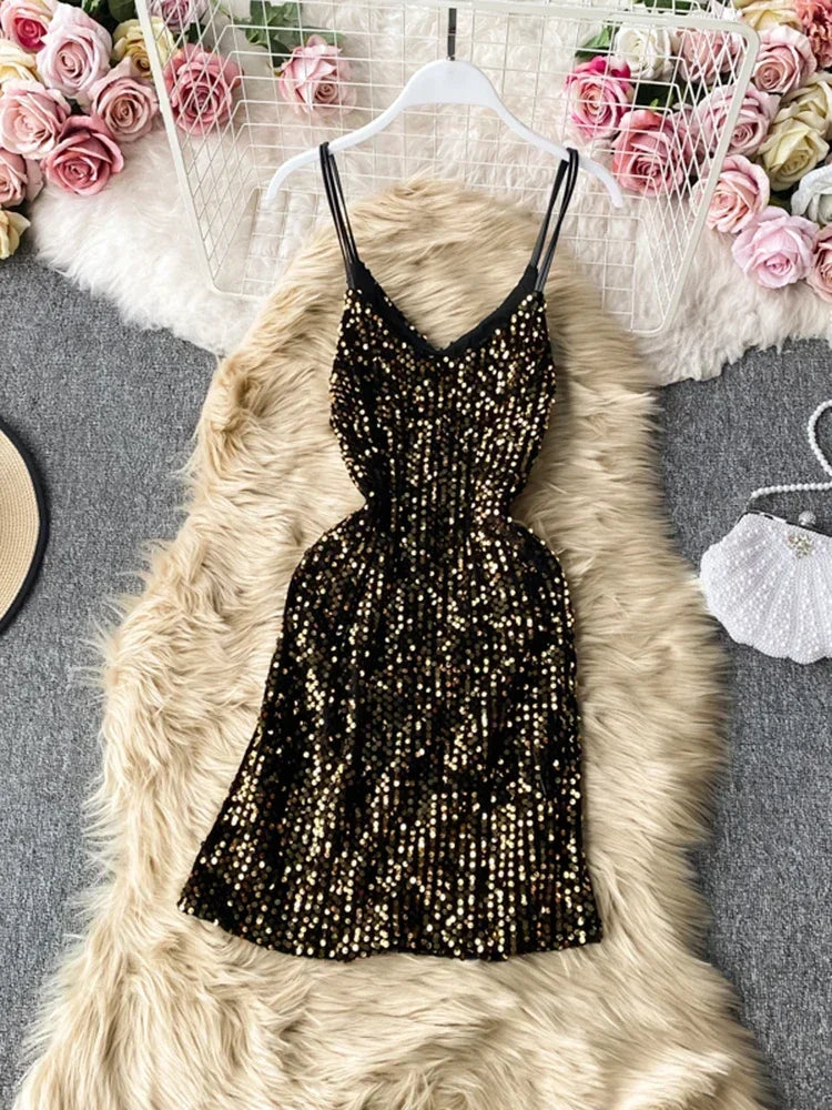 slim fit dress slacks Gold Sequin One-Sleeve Short Party Dress with Keyhole – Modsele main image 1