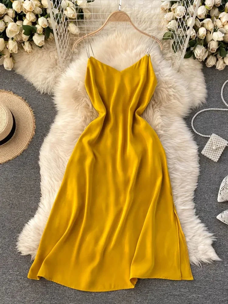knee length dresses for ladies Midi Satin Slip Dress with Tulle Hem main image 1