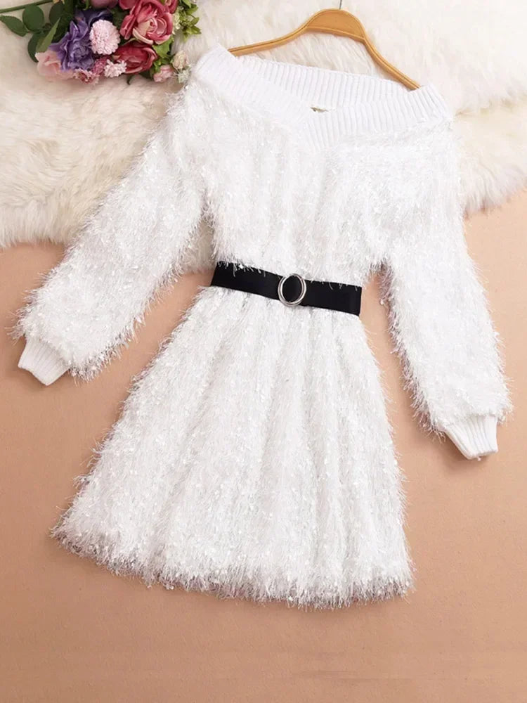 off the shoulder fuzzy dress SHEIN SXY Off Shoulder Fuzzy Trim Velvet Bodycon Dress