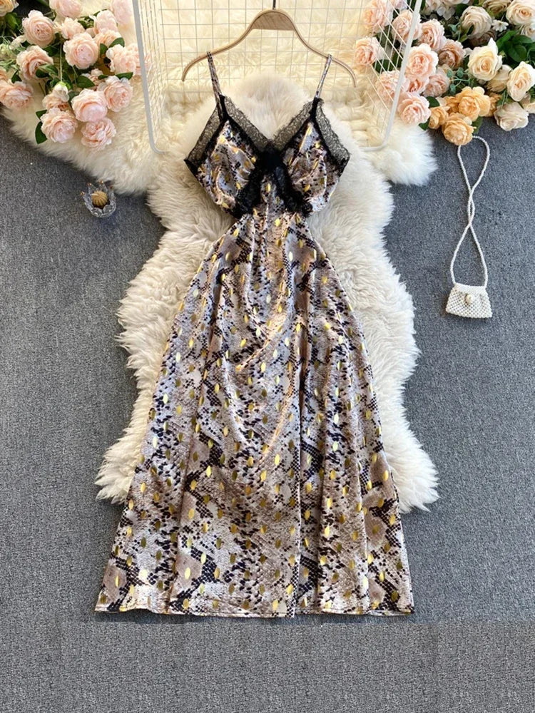 Satin Lace Spaghetti Strap Snake Print Dress