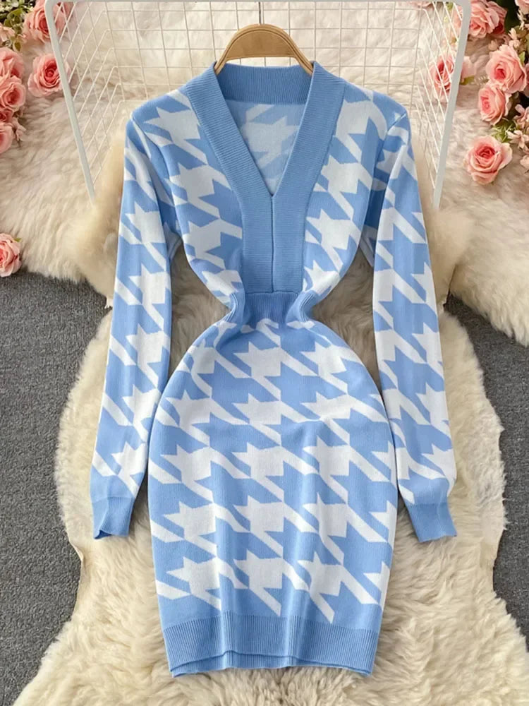 blue houndstooth dress Avery Dress Blue and Brown Houndstooth Tweed XL / Blue