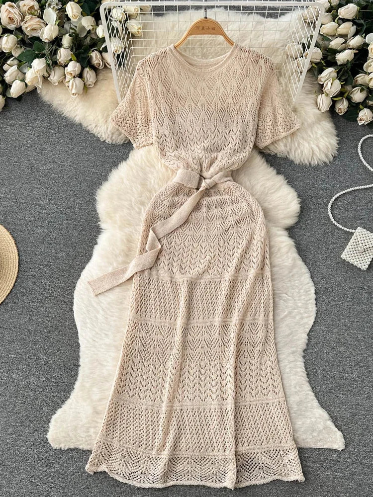 Beige Knitted Dress With Short Sleeves Belted Midi Dresses 2025