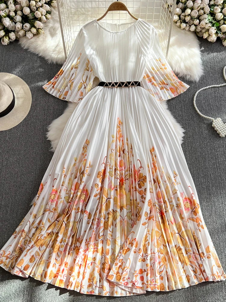 Floral Print Long Sleeve Pleated Maxi Dress Midi Dresses 2025