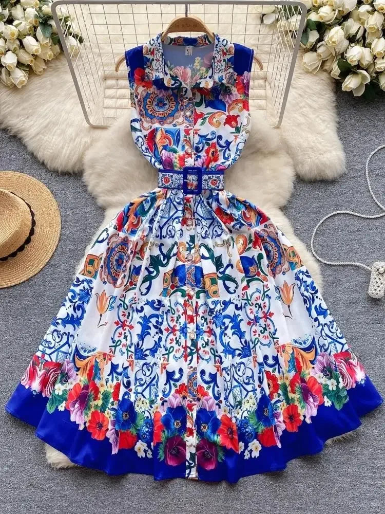 Vibrant Floral Print Sleeveless Belted Summer Dress Midi Dresses 2025