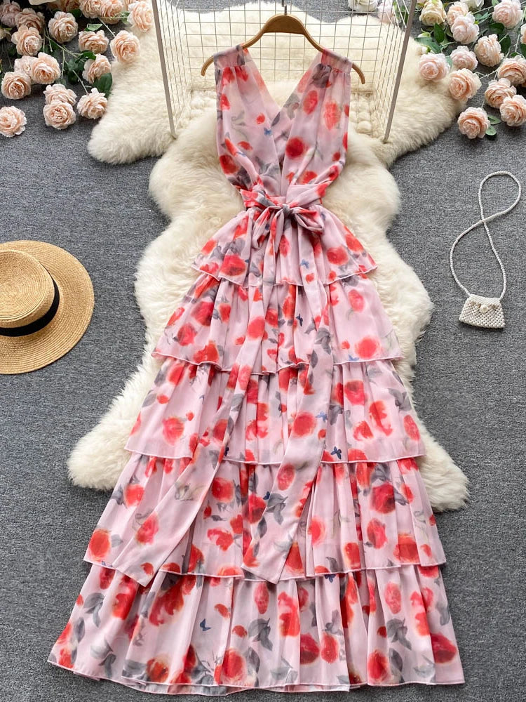 white christmas dresses Hot Pink Sleeveless Tiered Ruffle Maxi Dress main image 1