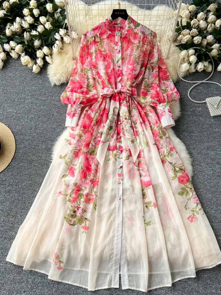 Floral Long Sleeve Chiffon Maxi Dress With Belt 2025 Midi Dresses Spring Summer Dress