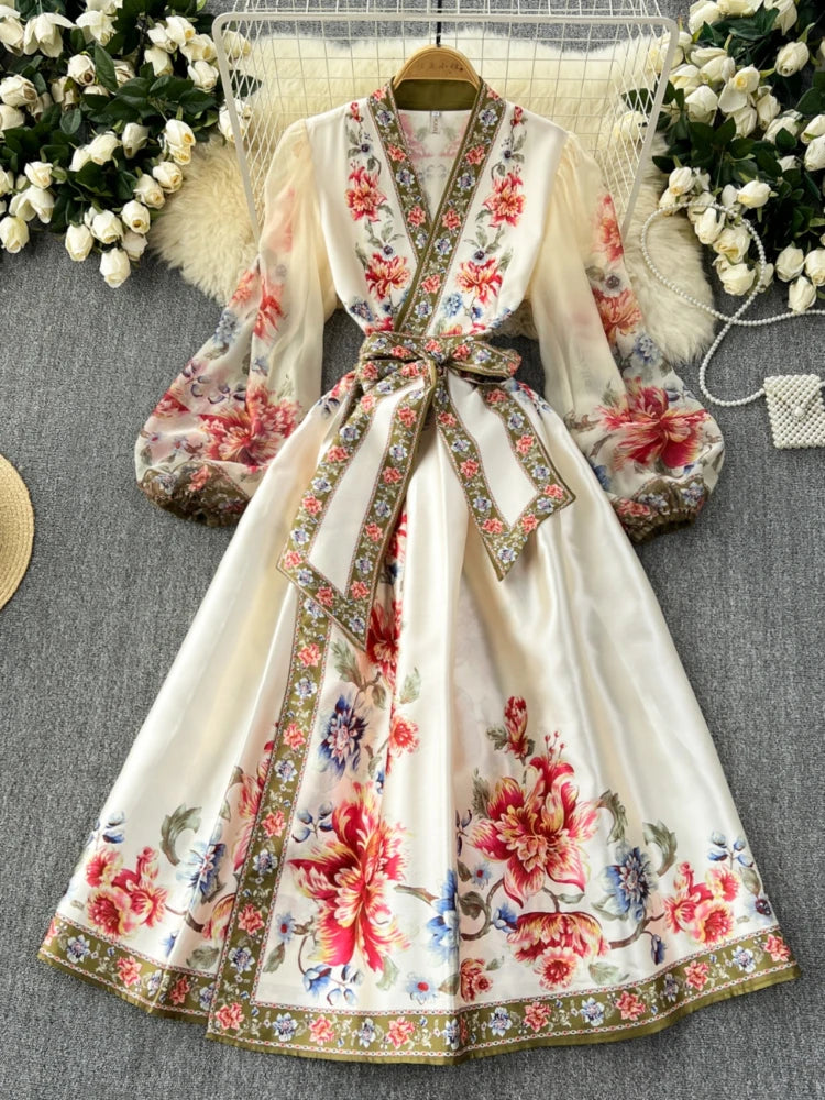 Vintage Floral Belted Gown With Balloon Sleeves 2025 Midi Dresses Spring  Summer Dress