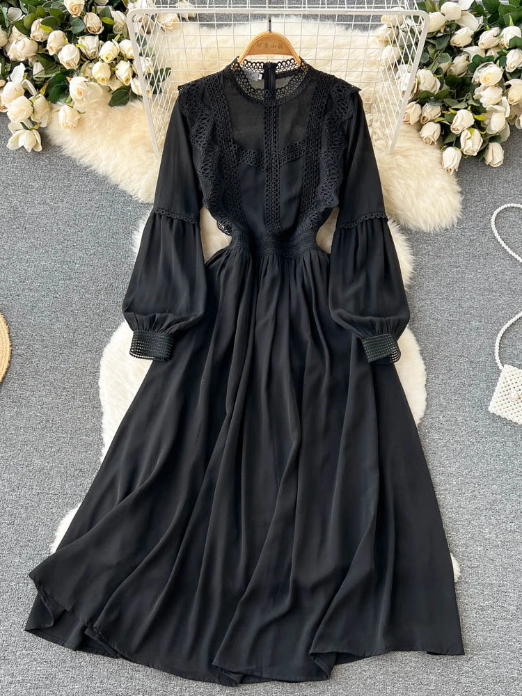 Black Vintage Long Sleeve Maxi Dress 2025 Midi Dresses Spring Summer Dress
