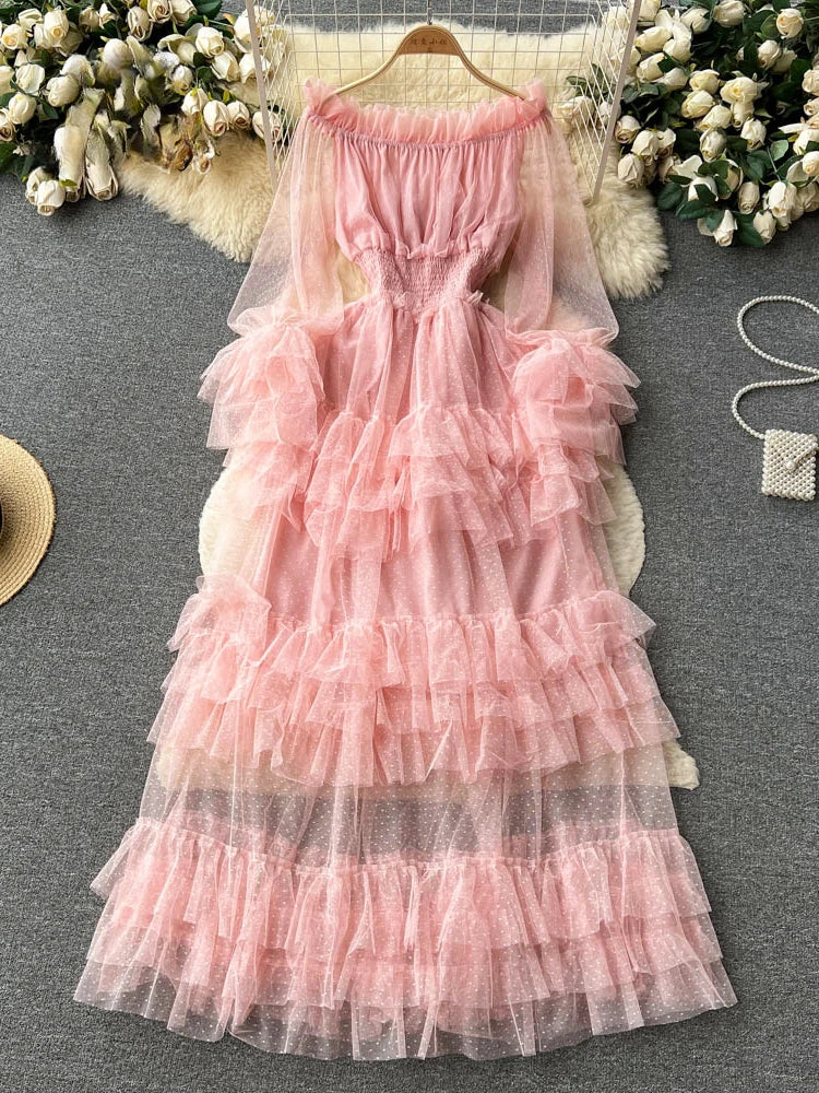 Pink Ruffled Off-Shoulder Layered Tulle Dress 2025 Midi Dresses Spring Summer Dress