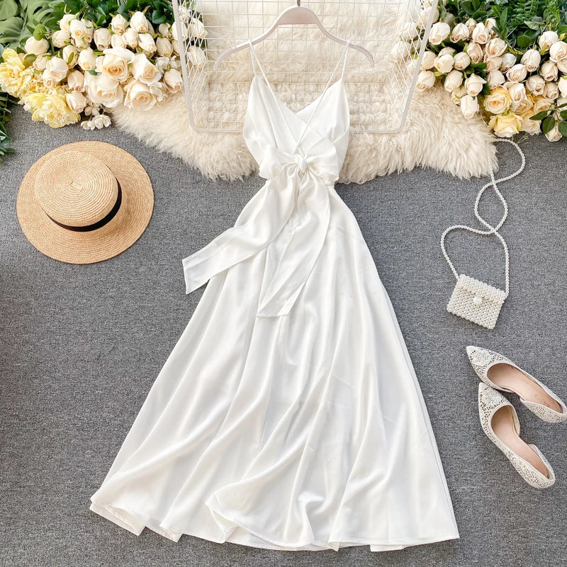 white silk beach dress Ciao, Bella Tied Back Satin Maxi Dress Off White