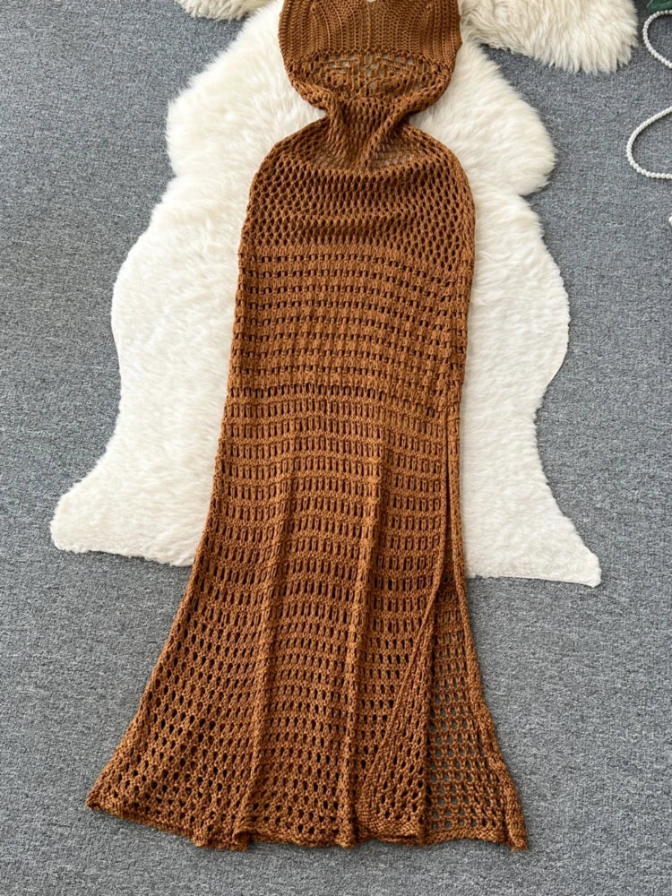 Brown Maxi Crochet Backless Strappy Summer Dress 2025 Midi Dresses Spring  Summer Dress on Luulla