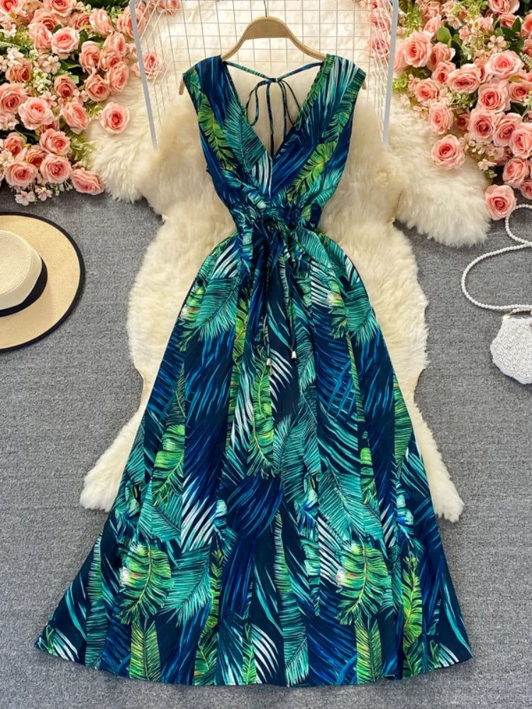 princess polly baby blue dress Tropical Leaf Print Backless Summer Maxi Dress