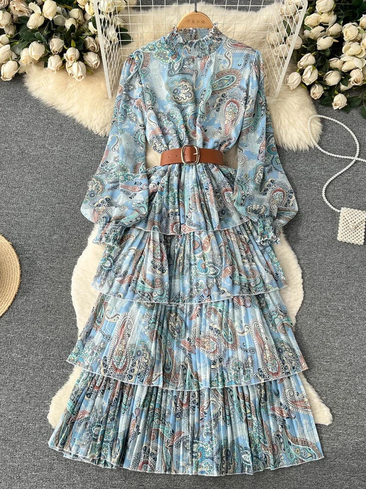 Paisley Patterned Belted Long Sleeve Ruffle Dress, Casual Midi Dresses 2025 Spring Summer Dresses 2025