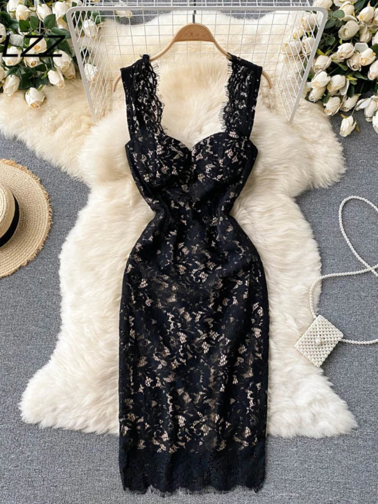 Sleeveless Black Lace Bodycon Dress Floral Pattern, Wedding Guest Dress 2025