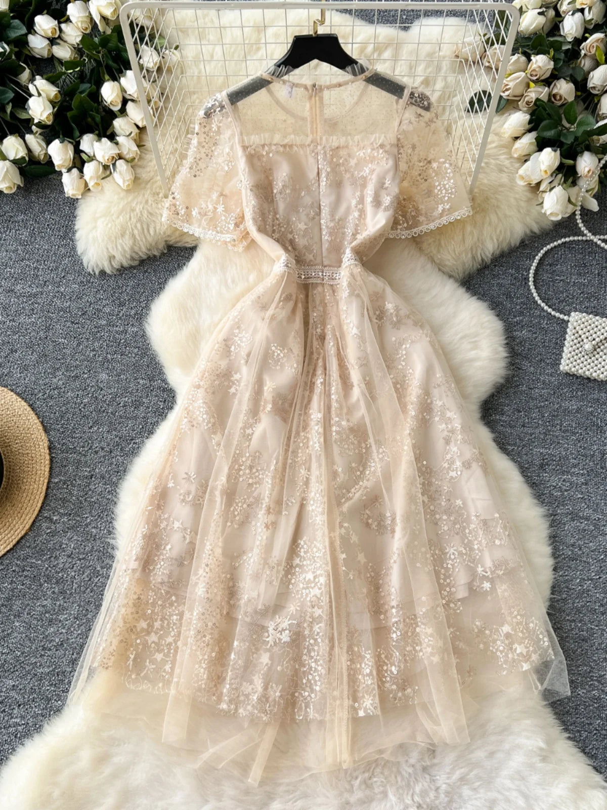 beige dress with white lace overlay Floral Lace Overlay Maxi Dress