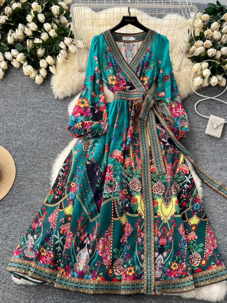 Bohemian Floral Maxi Dress with Cinched Waist, Casual Midi Dresses 2025 Spring Summer Dresses 2025