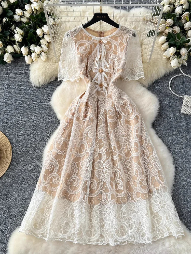 Lace Overlay Maxi Dress With Flare Sleeves, Spring Midi Dresses 2025 Summer Dresses 2025