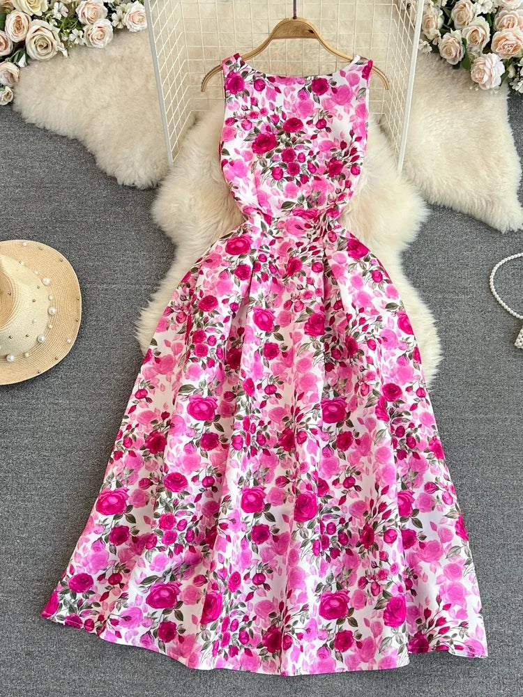 pink spring dresses 2025 Floral Sleeveless Dress With Vibrant Pink Roses, Spring Midi Dresses 2025 Summer Dresses 2025