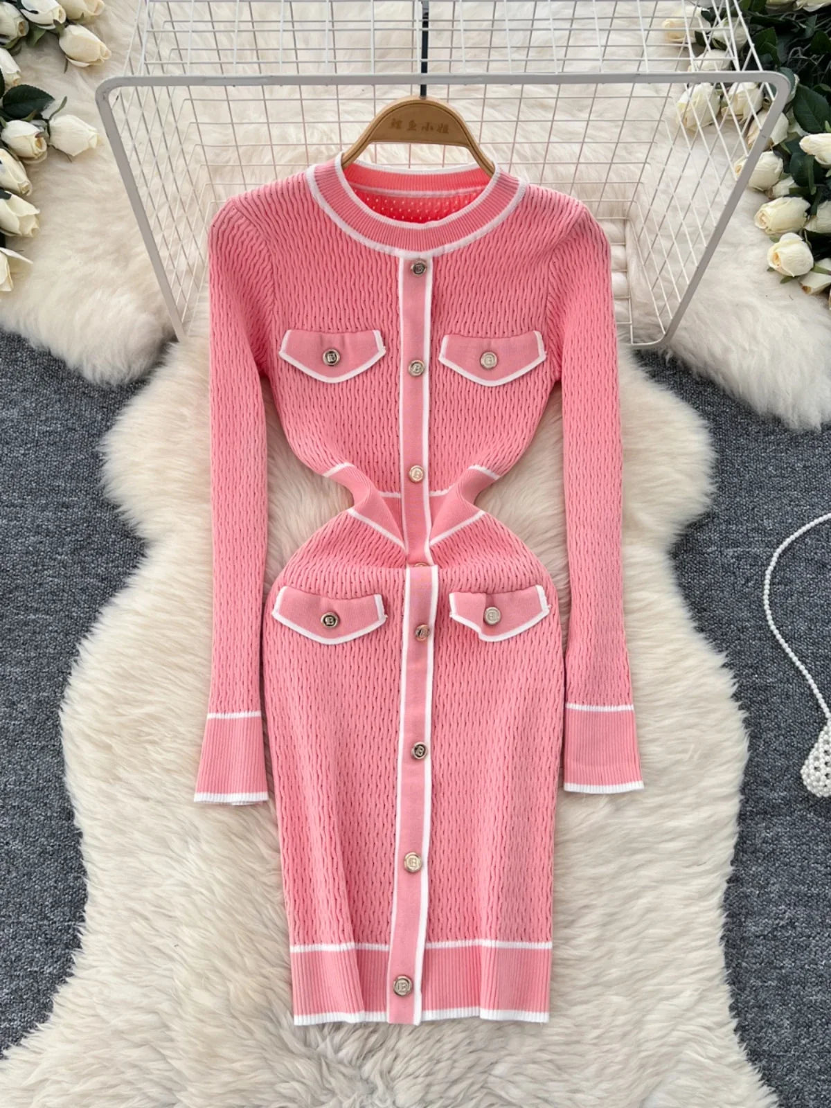 Stylish Pink Knitted Dress With Buttons, Spring Midi Dresses 2025