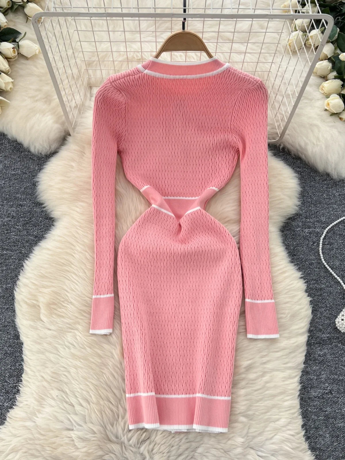 Stylish Pink Knitted Dress With Buttons, Spring Midi Dresses 2025