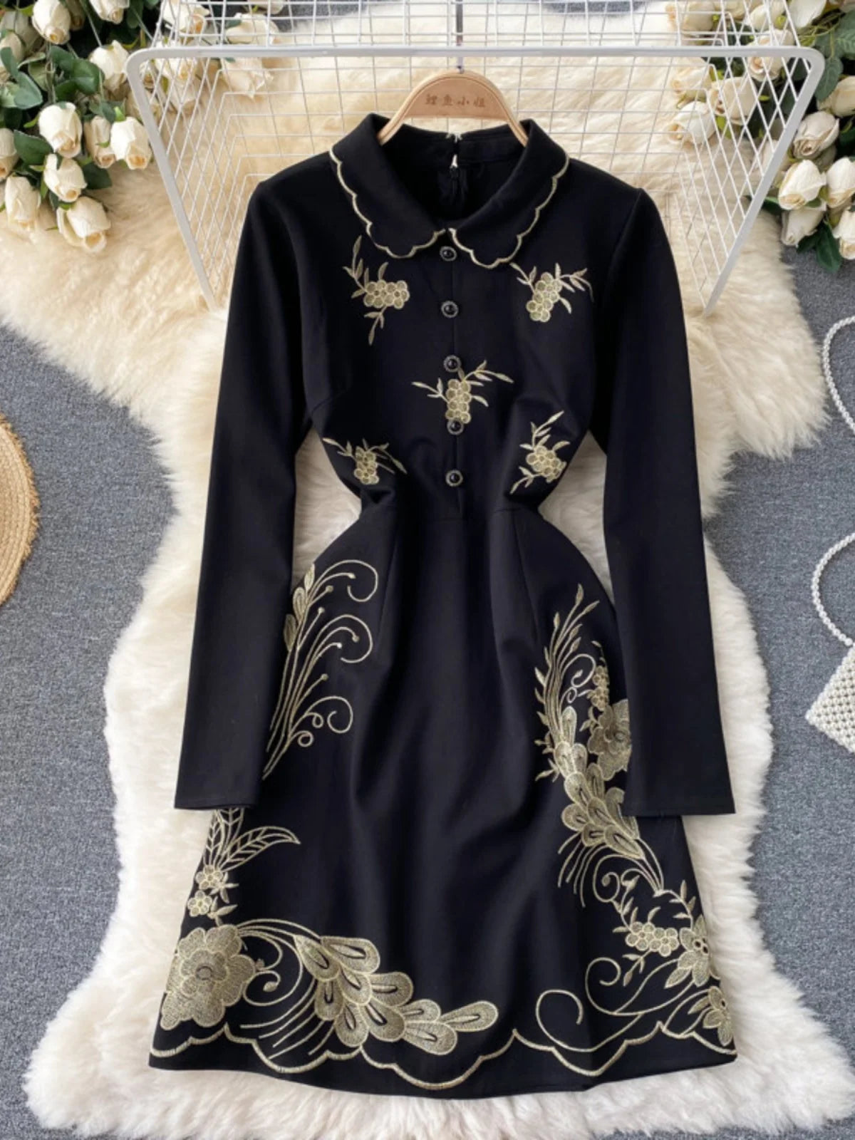 Black Long-sleeve Dress With Gold Embroidery, Spring Dresses 2025 Summer Dresses 2025