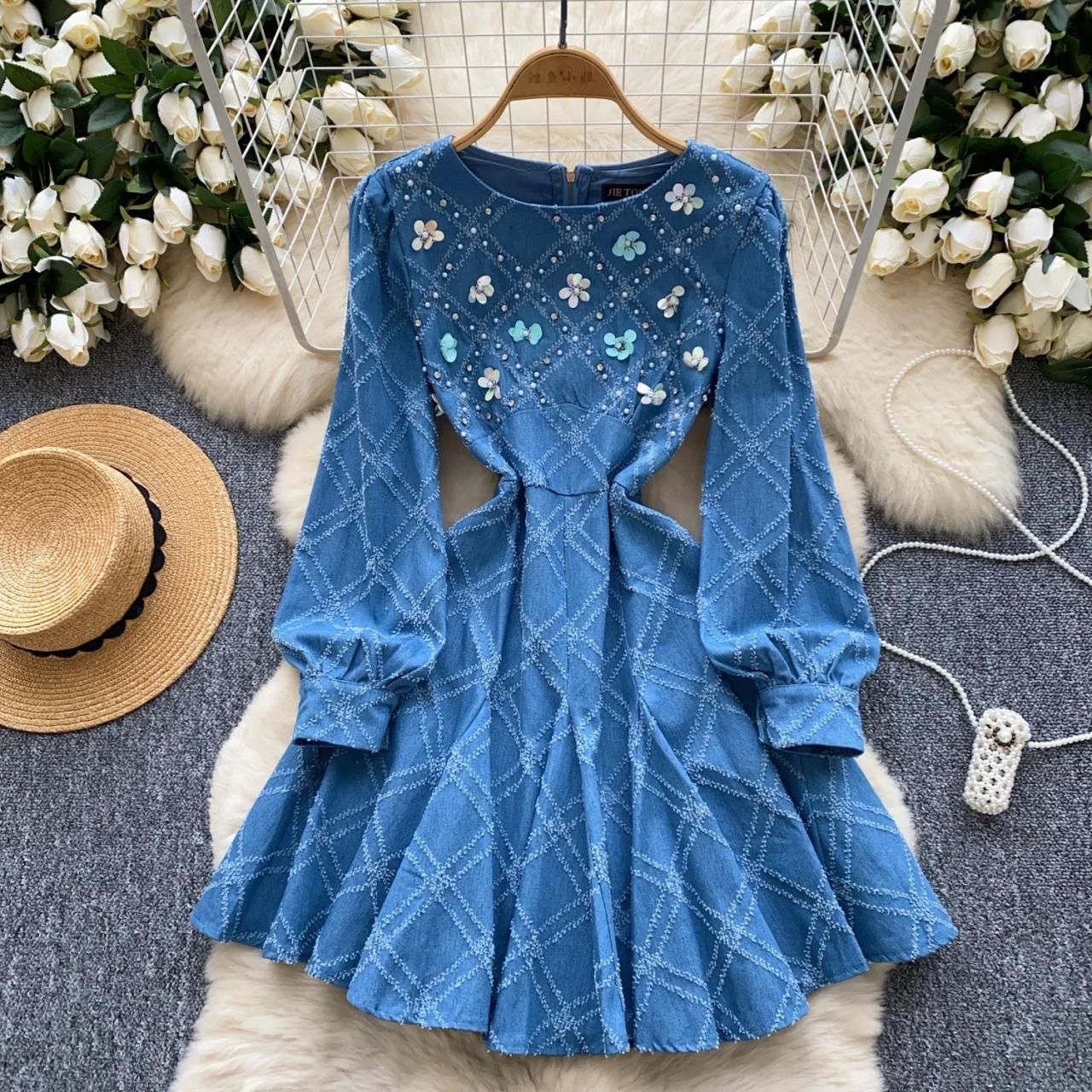 Blue Floral Beaded Long Sleeve Cutout Dress, Spring Dresses 2025 Summer  Dresses 2025 on Luulla