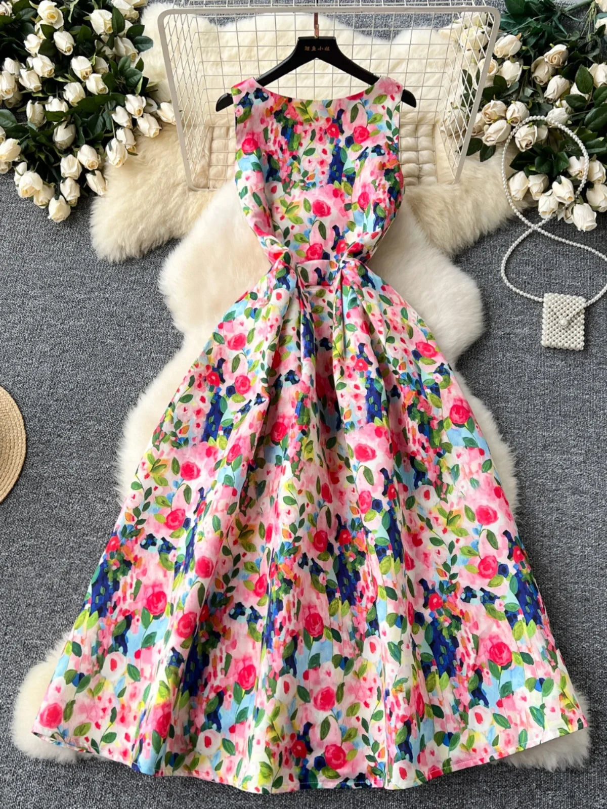 Vibrant Floral Sleeveless Dress With Flared Skirt, Spring Midi Dresses 2025 Summer Dresses 2025