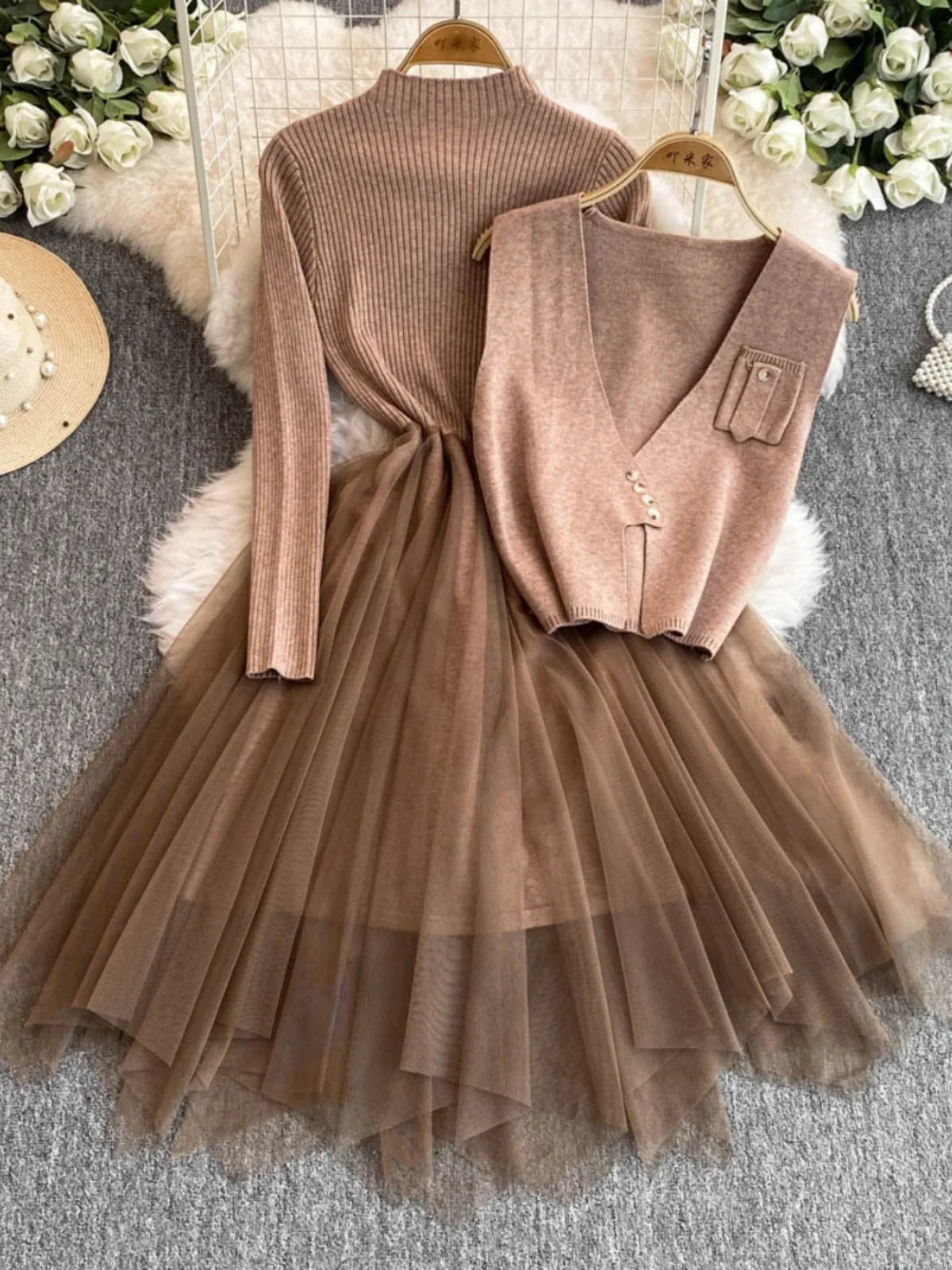 Knitted Sweater And Tulle Dress With Vest Combo on Luulla