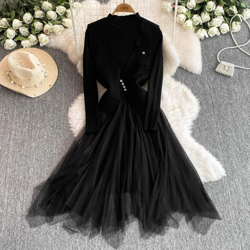 Knitted Sweater And Tulle Dress With Vest Combo on Luulla
