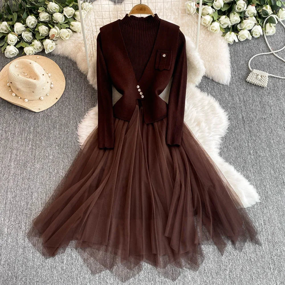 Knitted Sweater And Tulle Dress With Vest Combo on Luulla