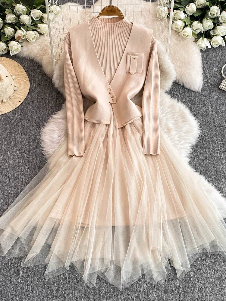 Knitted Sweater And Tulle Dress With Vest Combo on Luulla