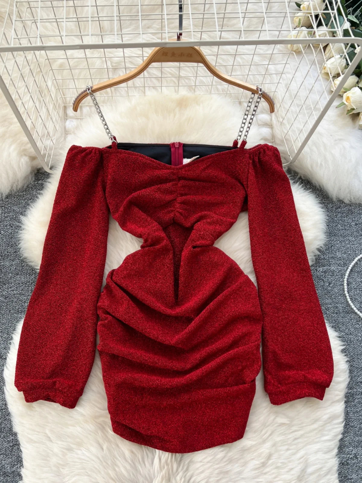 Off-shoulder Red Dress With Ruched Long Sleeves